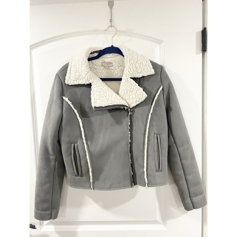 LOFT Women's Moto Jacket Sz Small Asymetrical Sherpa Gray Suede